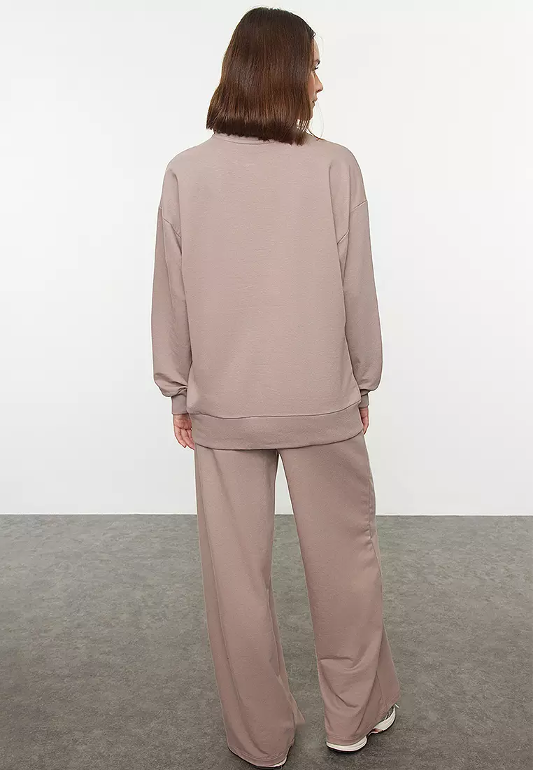 Mink Relaxed/Comfortable Fit Wide Leg Knitted Sweatshirt/Bottom Tracksuit Set