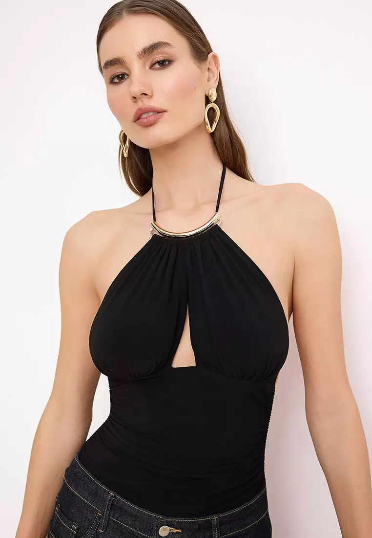 Black Accessory Detailed Gathered Party Body Tprss26Bd16
