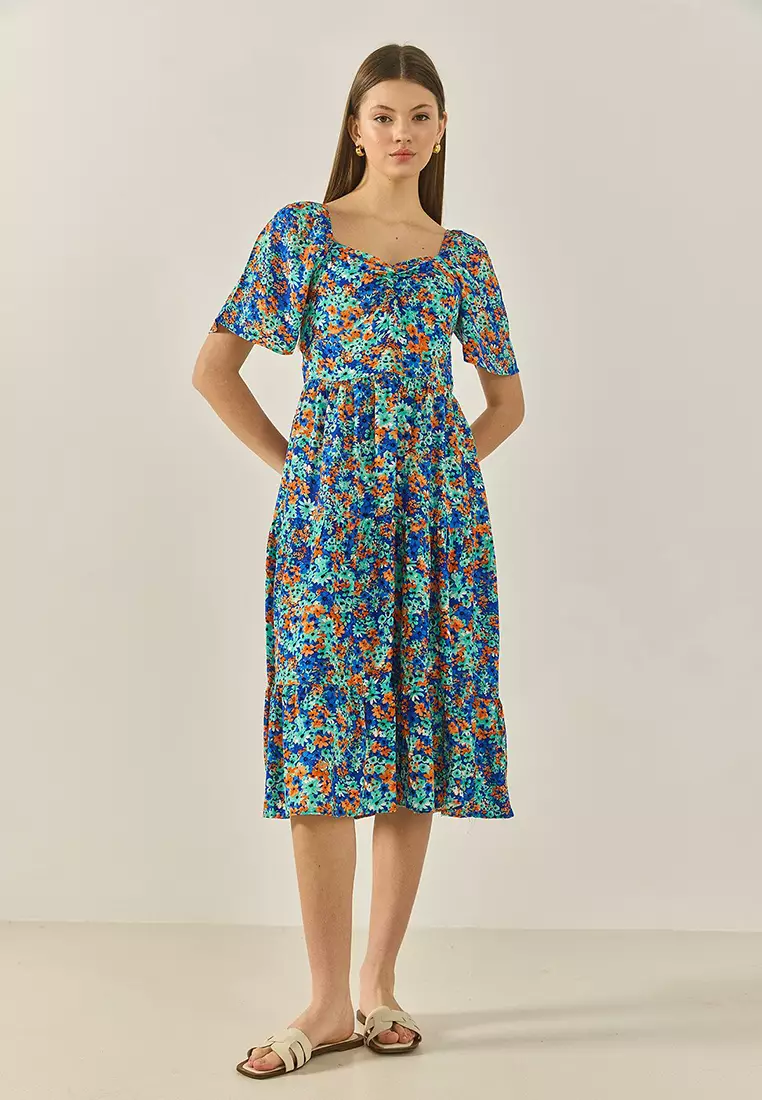 Women's Patterned Carmen Collar Gather Detailed Midi Length Summer Dress 60284046