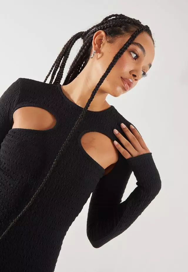 Pink Vanilla Black Popcorn Scoop Racer Long Sleeve Dress