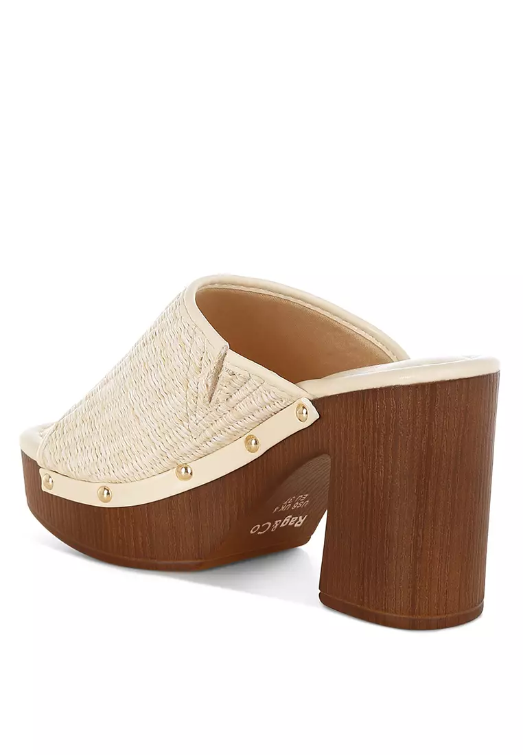 Raffia Wooden Clogs In Light Beige