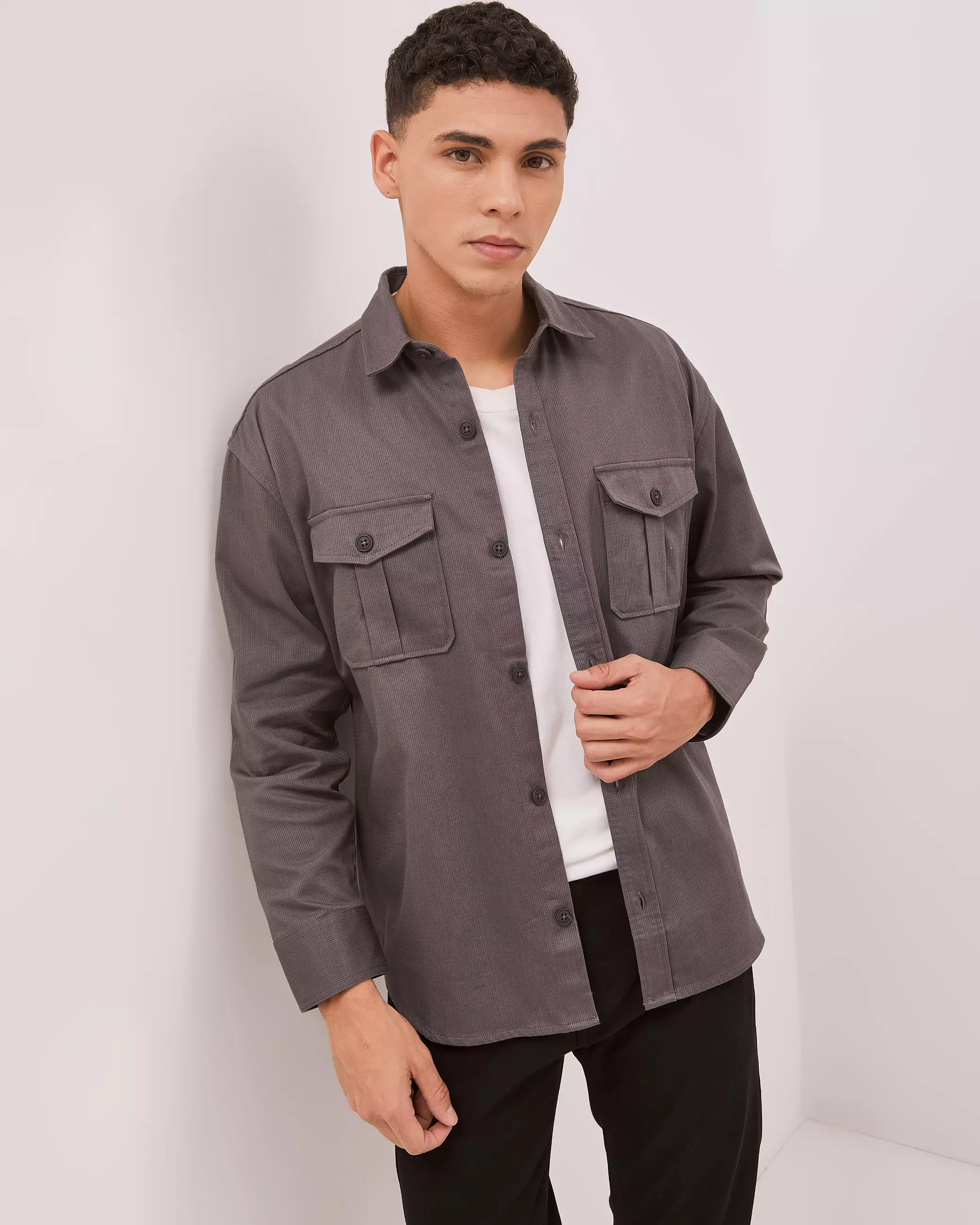 AMK Kemeja Polos Oversize Pria Lengan Panjang SHS Nelson Ls Dark Grey