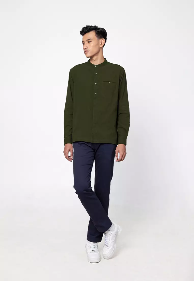 JAFFAR GREEN OLIVE Kemeja Shanghai Lengan Panjang Pria - Top Man Shirt