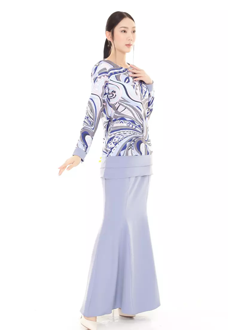 Ivy Kurung Modern layers Printed in Electric Blue Batik
