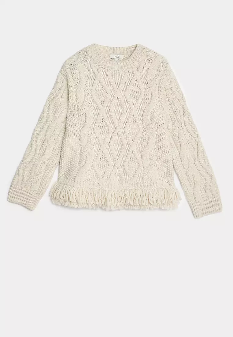 Crew Neck Cable Knit Fringe Jumper