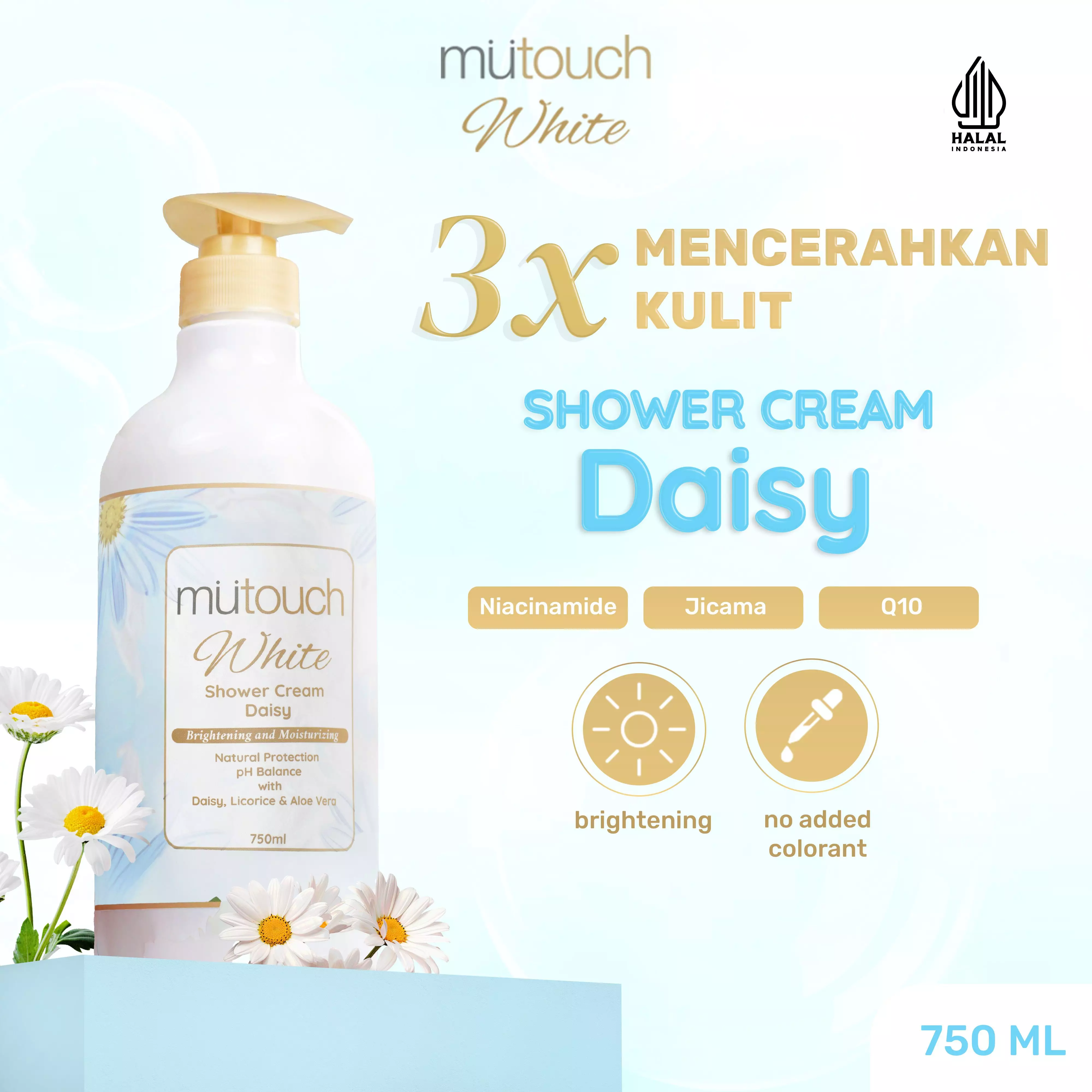 Mutouch White Shower Cream Brightening and Moisturizing – Daisy 750ml FREE SHOWER PUFF