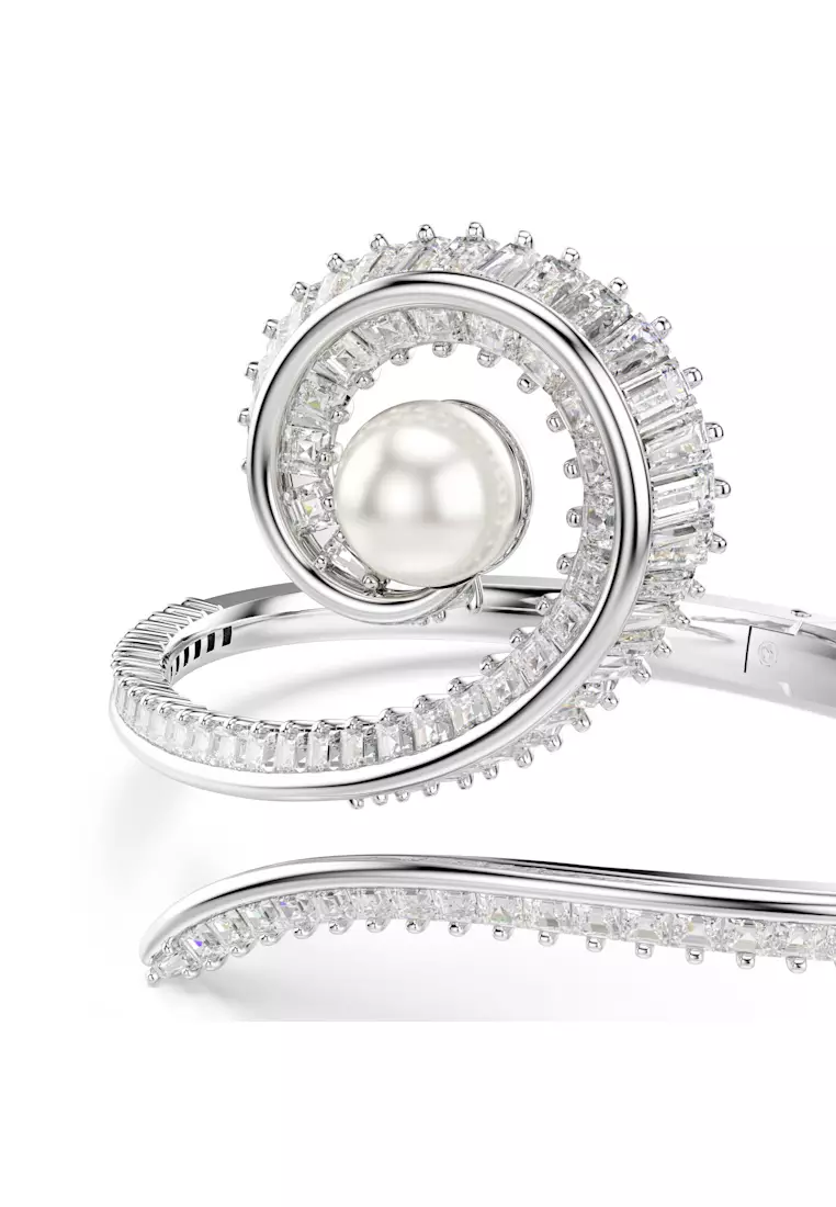 Ariana Grande x Swarovski bangle, Crystal pearl, Baguette cut, White, Rhodium plated