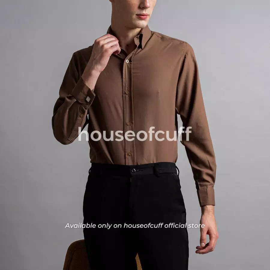 Houseofcuff Kemeja Kerja Formal Pria Model French Cuff / Double Cuff Dengan Cufflinks Warna Coklat
