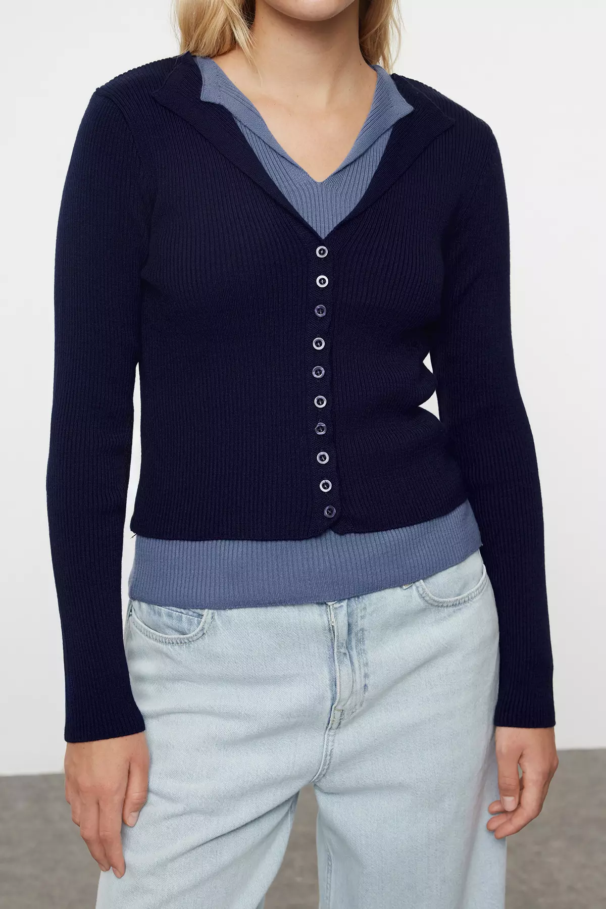 Navy Blue Double Patterned Knitwear Cardigan