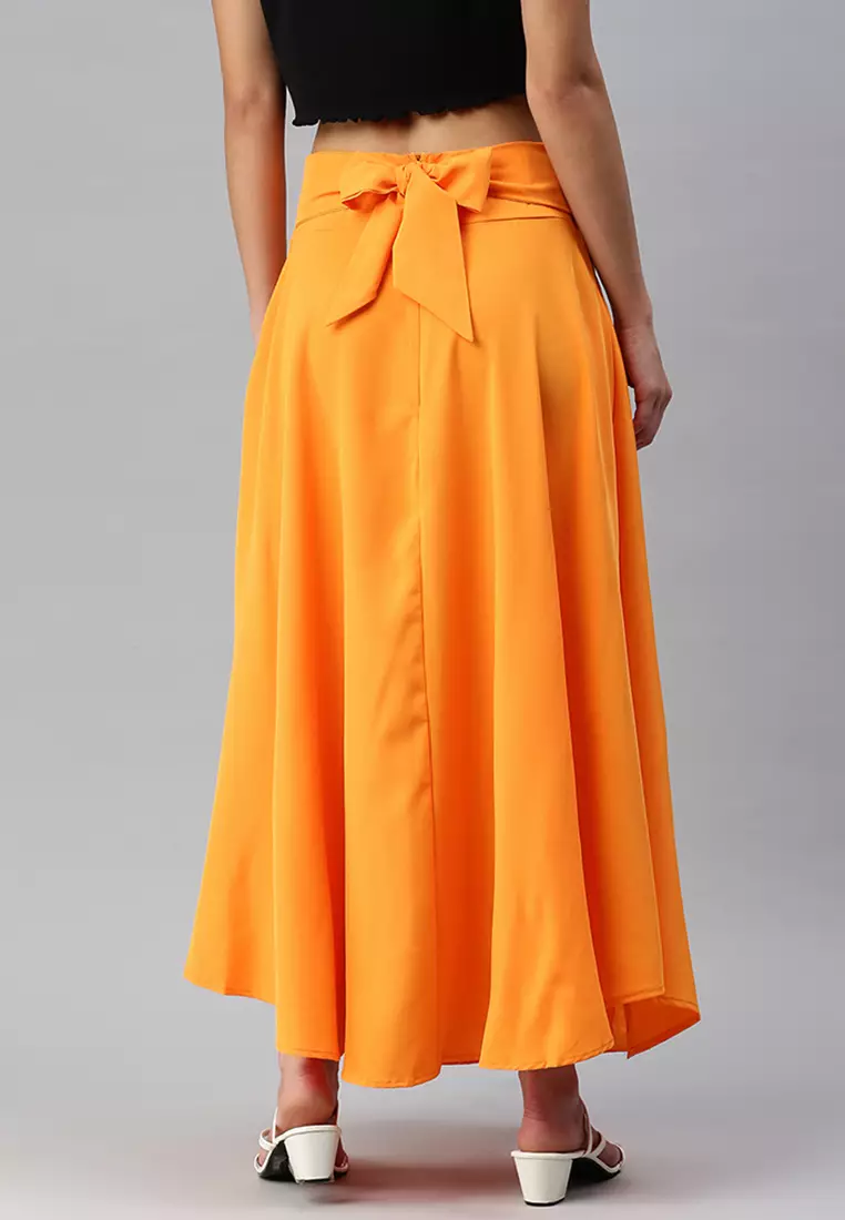Orange Bow Detail Slit Long Skirt