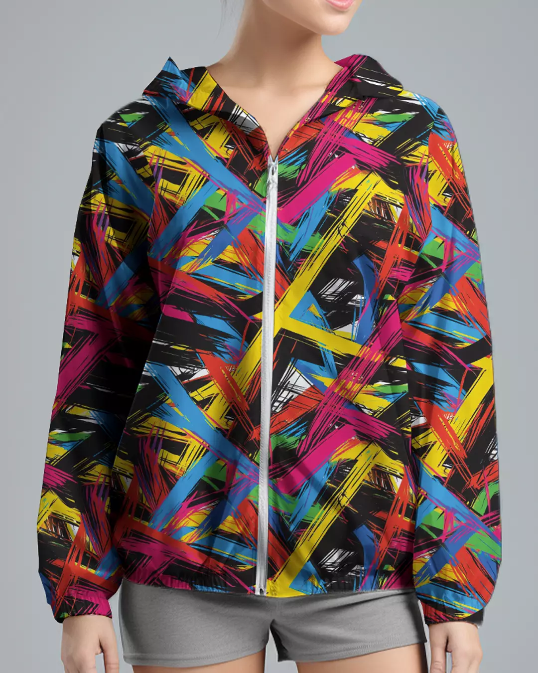 LSD77 Jaket Lari Olahraga Wanita Parasut motif "abstrak cmyk" hitam