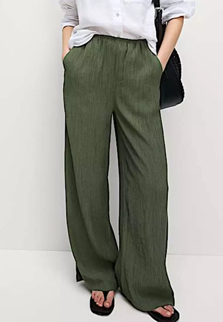 Viscose Rich Crinkle Elasticated Waist Wide Leg Trousers