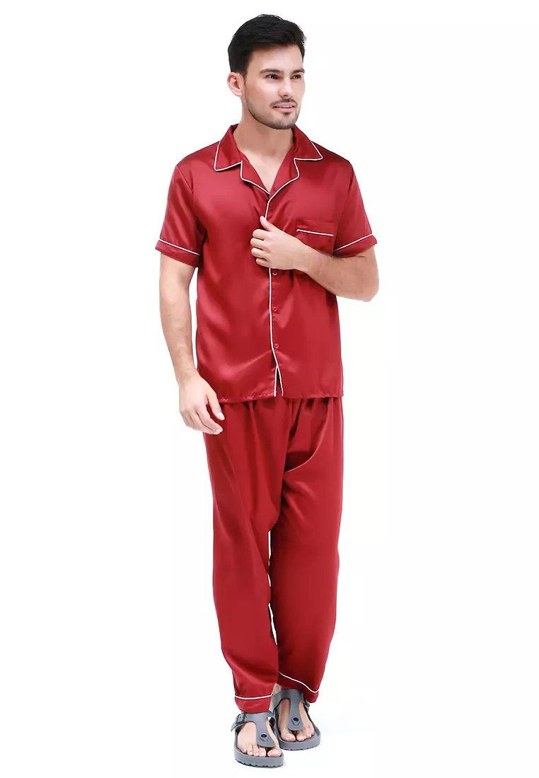 Klicin Setelan Baju Tidur Pendek Piyama Pria Plain One Set Sleepwear Pajamas Material Satin ORIGINAL