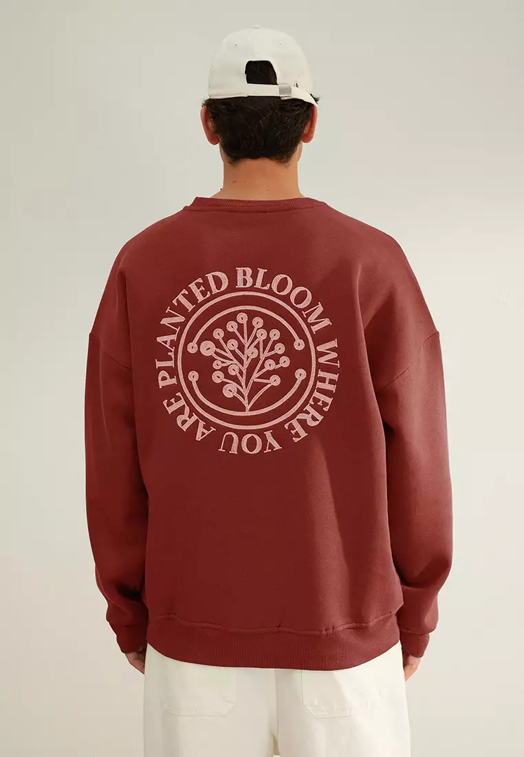 Brick Oversize/Wide Cut Floral Embroidered Polar Fleece Inside Cotton Sweatshirt TMNAW24SW00012