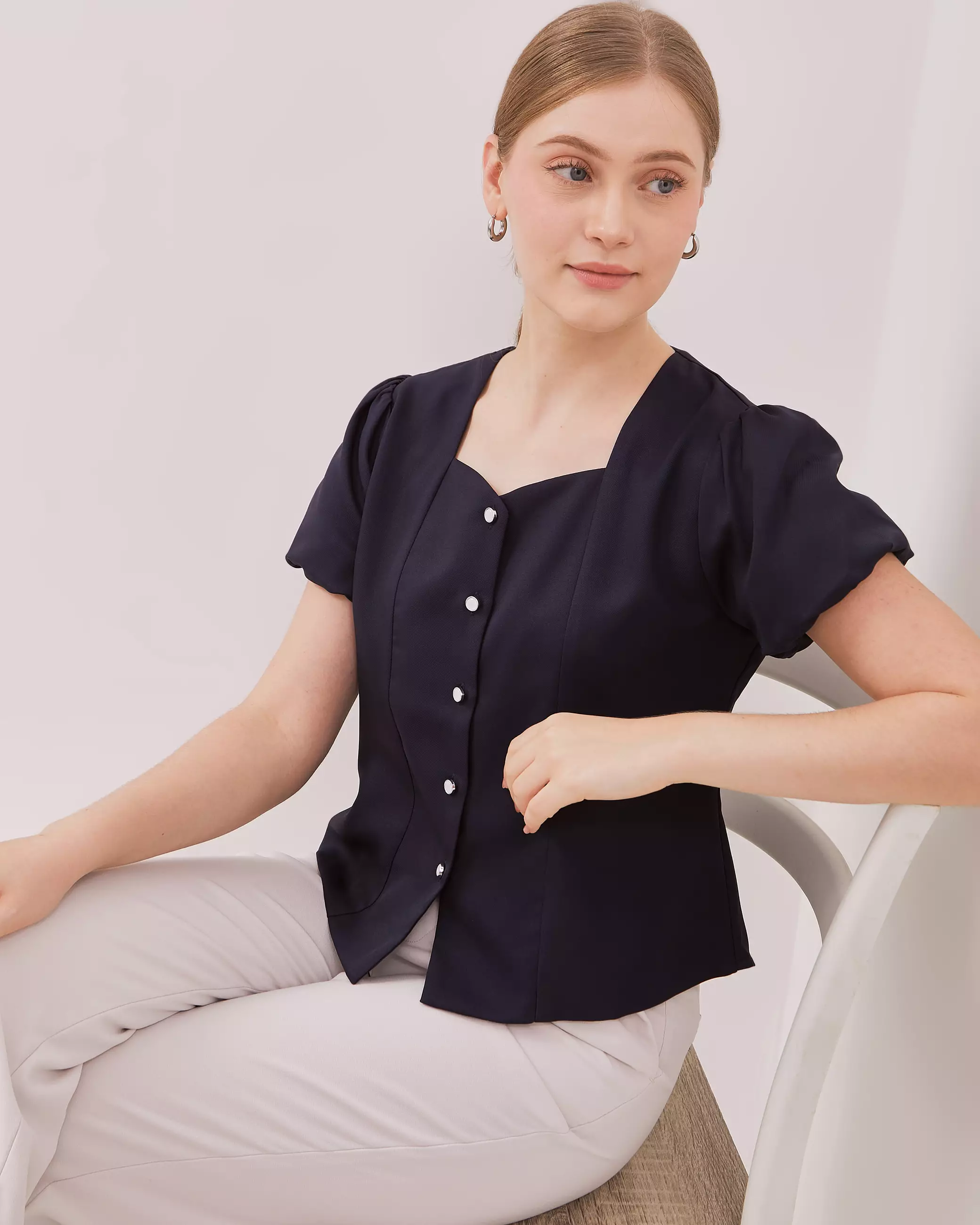 Urban Exchange Angela Navy Blouse - Atasan Blouse Navy Square Neck Warna Navy