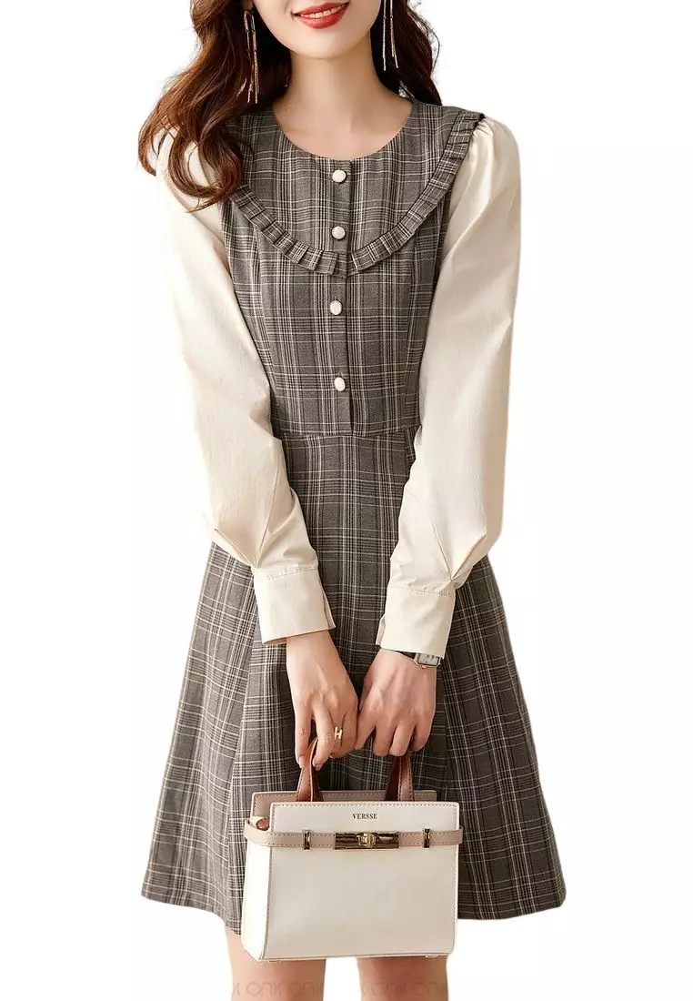 Buy ONX.HK French Vintage Balloon Sleeve Check Dress 2024 Online