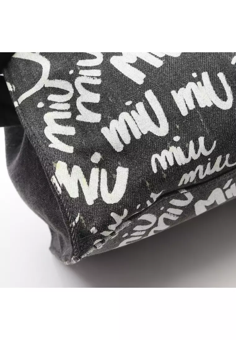 Pre-Loved MIU MIU Ⅾenim LOGO Handbag tote bag canvas gray white 2WAY