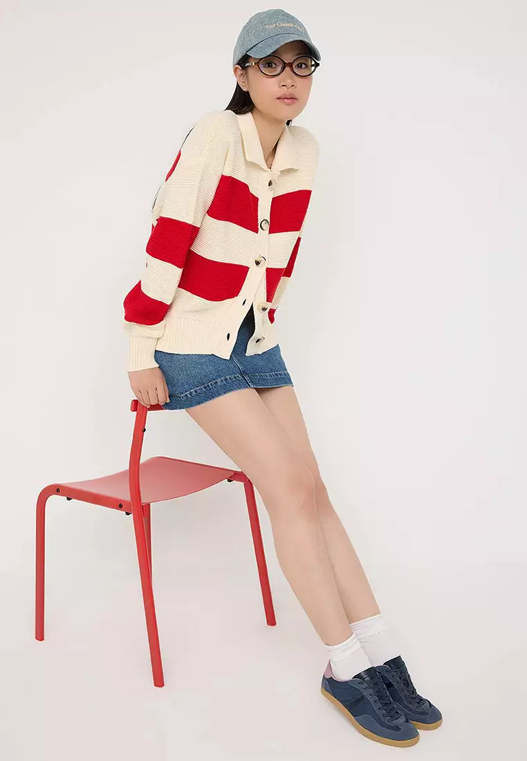 Teen Stone Striped Polo Neck Knit Cardigan Twoaw26Hi00202
