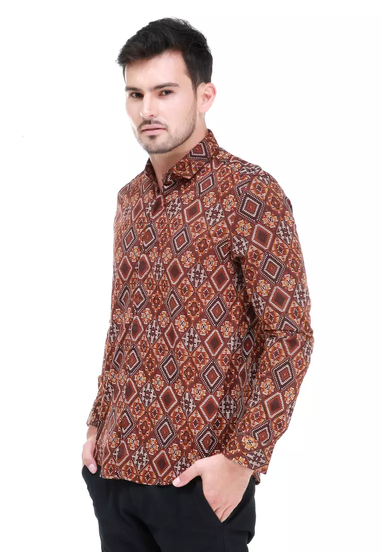 Dwan Kemeja Batik Pria Permata Atasan Formal Longsleeve Shirt Material Cotton ORIGINAL - Brown