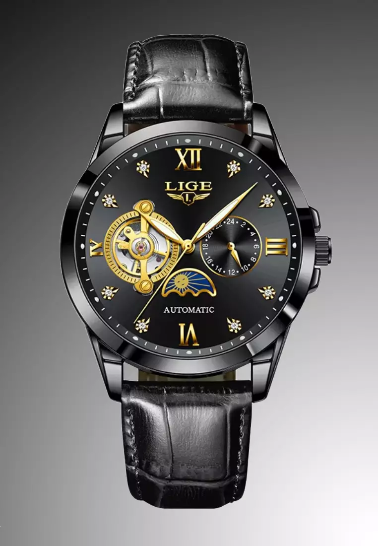 Unisex AUTOMATIC IP Black Stainless Steel Watch 42mm, Black Dial, 22mm Black Leather Strap