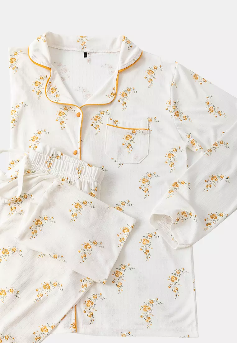 Multicolored Floral Patterned Shirt Collar Textured Knitted Pajama Set