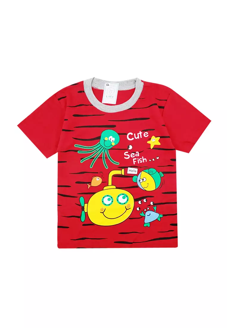 Skabe Pakaian Bayi Anak Laki Laki Baju Atasan Oblong Lengan Pendek Motif Cute Sea Fish Setelan Celana Panjang Warna Tua All Size Usia 12 Bulan Hingga 18 Bulan 3362