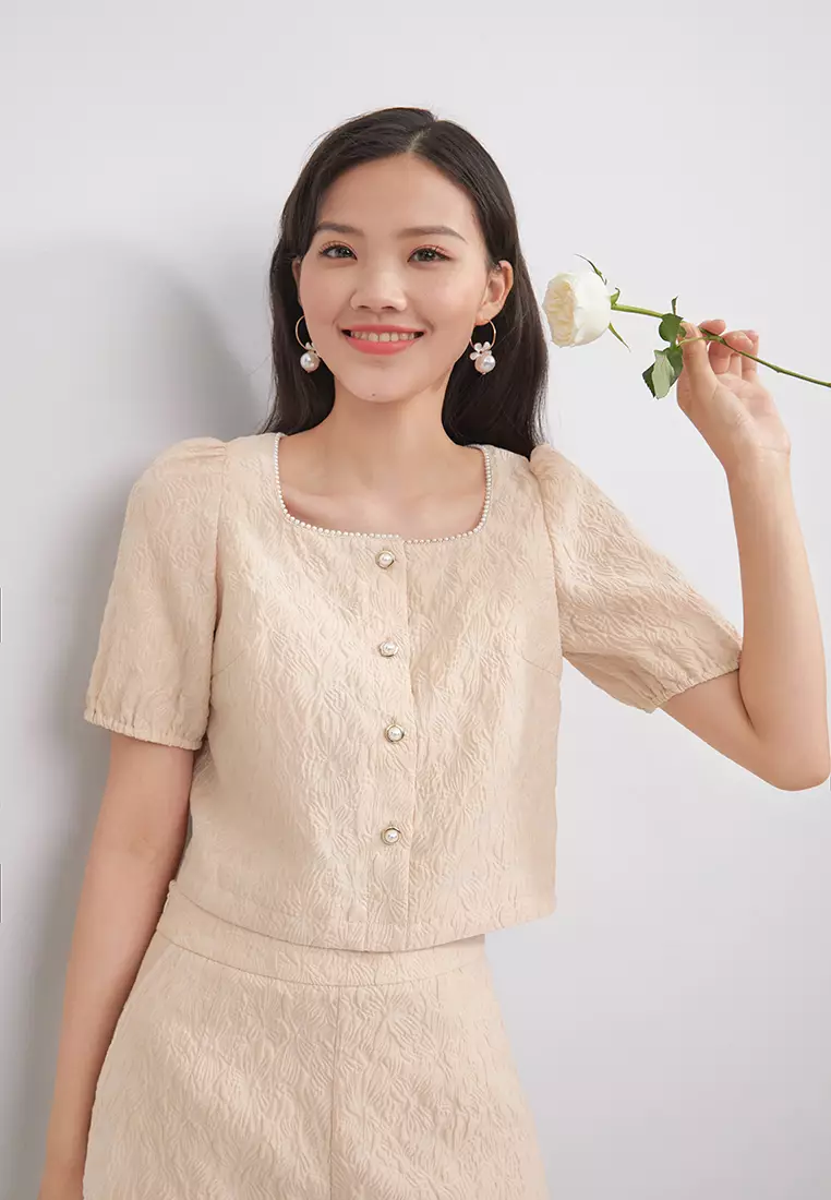 Square Collar Floral Embossed Blouse