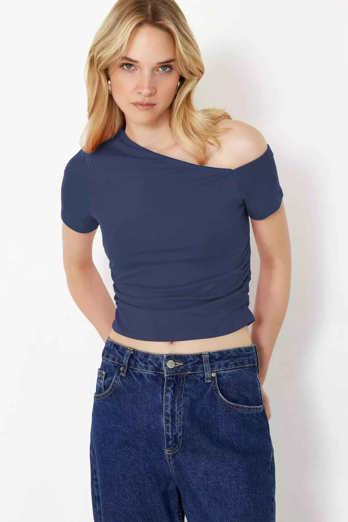 Indigo Gathered Asymmetrical Neckline Stretchy Knitted Blouse