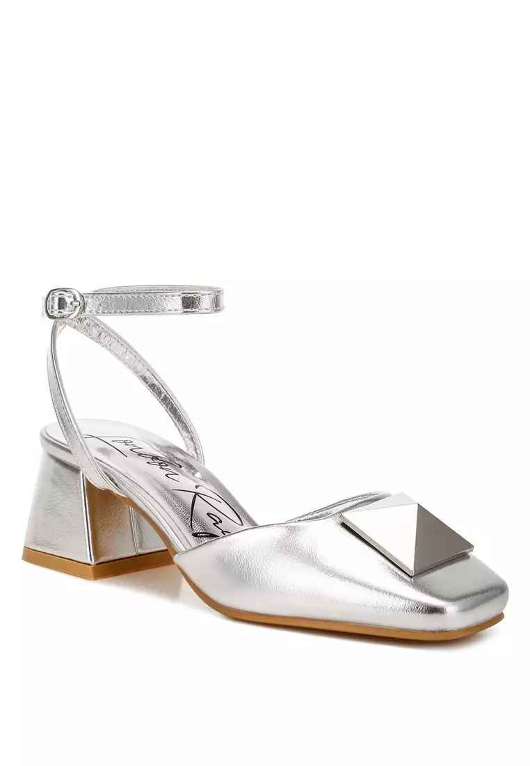Brooch Detail Ankle Strap Sandals in Silver