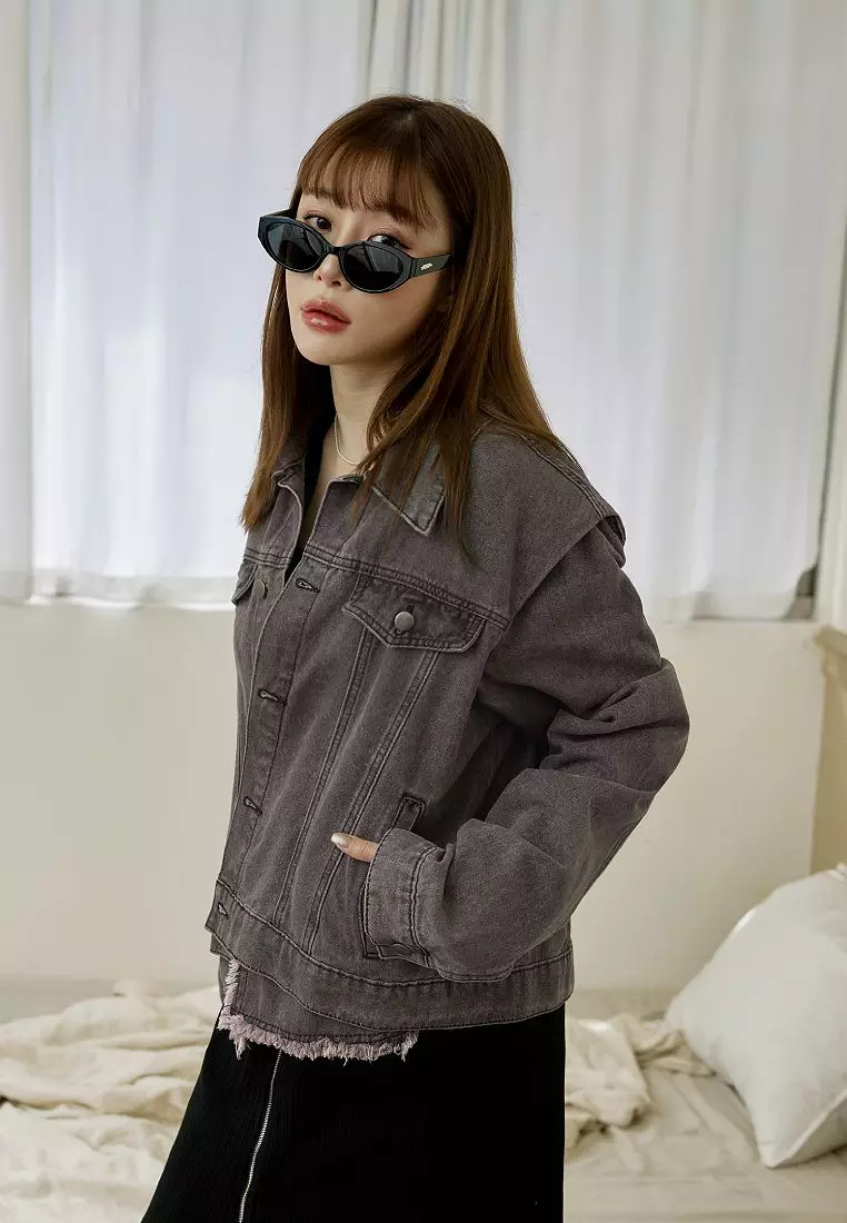Washed Cropped Denim Jacket with Raw Hem & Drop Shoulder [EA3678]