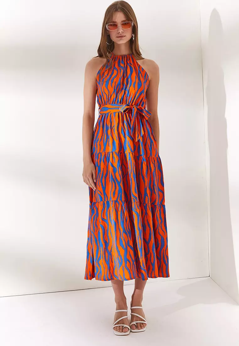 Halter Neck Belted Woven Viscose Dress