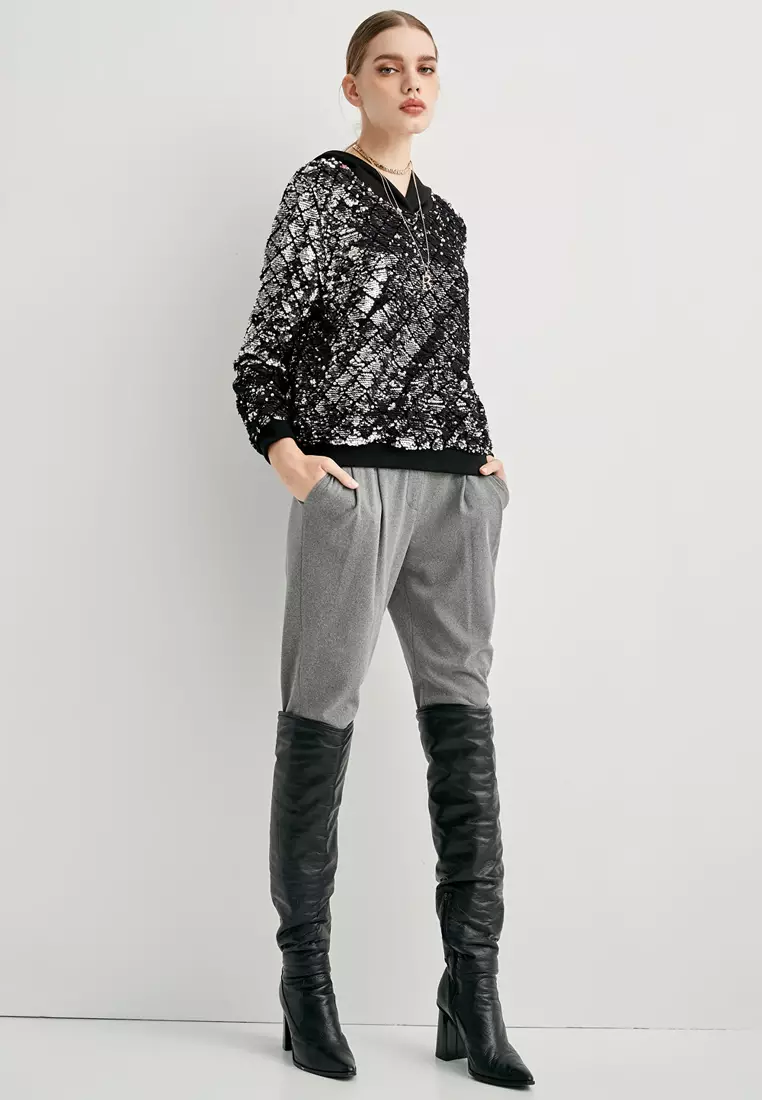 Grey Boyfriend Pants With Fold Over Cuffs