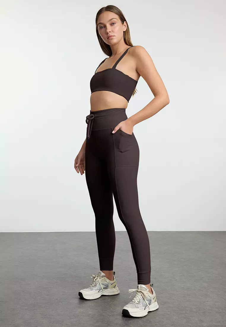 Brown Brushed Soft Fabric Pocket and Tie Detail Full Length Knitted Sports Tights THMAW25TY00014