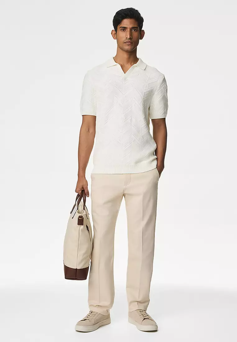 Cotton Rich Open Neck Knitted Polo Shirt