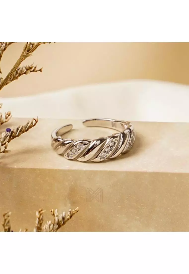 Millennia 2000 Croissant Studded Cubic Zirconia White Gold Ring with 925 Sterling Silver