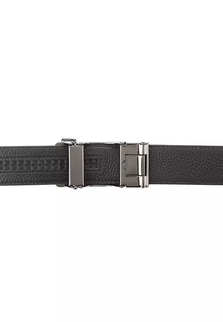 Stripe Plate Buckle Top Grain Leather Belt