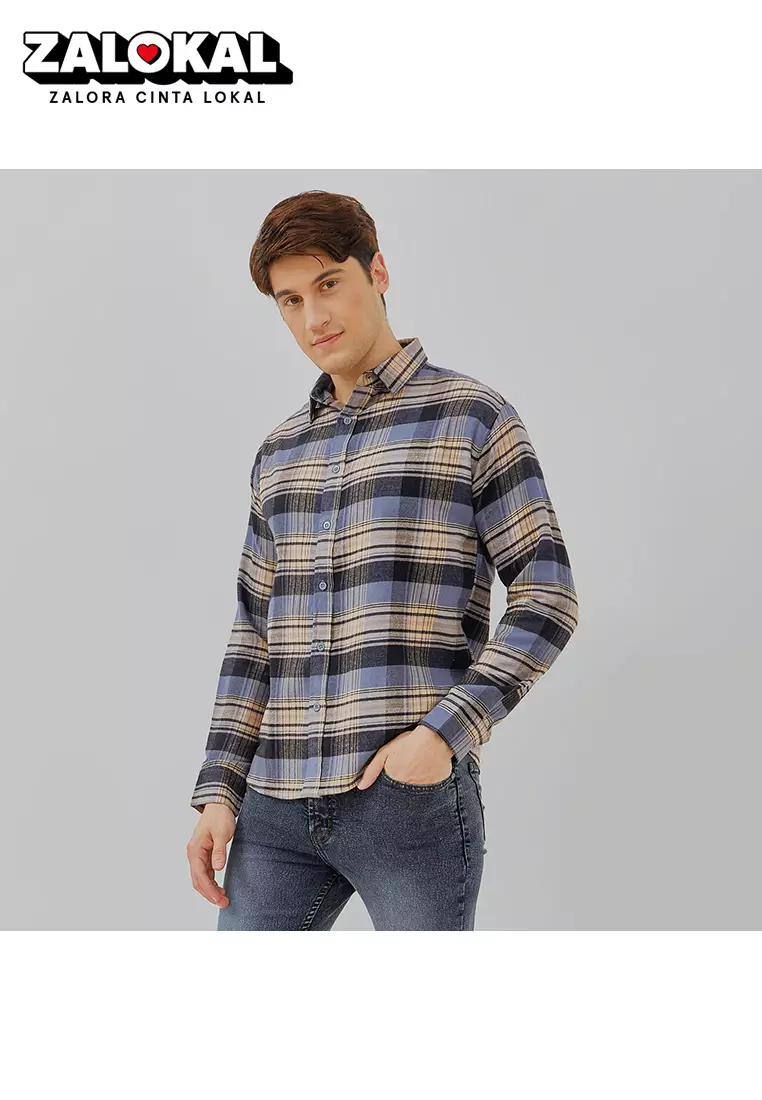PAULMAY Kemeja Flanel Pria Lengan Panjang Abu 6712