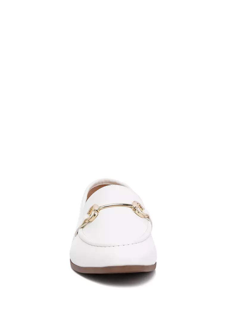Horsebit Embellished Faux Leather Loafers in White
