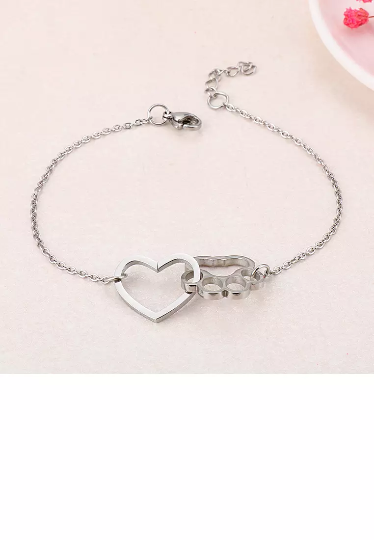 Simple and Cute Hollow Heart-shaped Cat Paw Footprint 316L Stainless Steel Bracelet