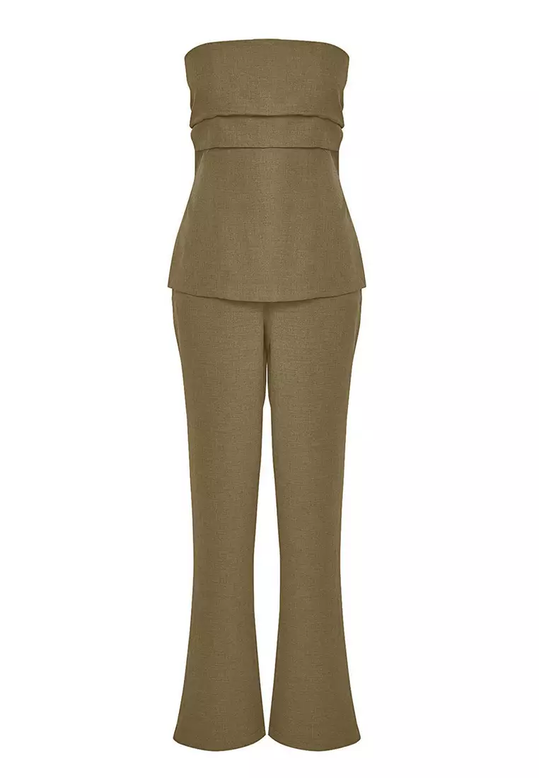 Khaki Linen Look Strapless Blouse And Pants Bottom Top Set