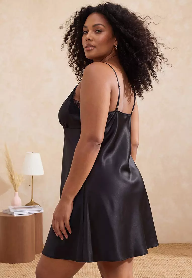 Black Satin Woven 2-Piece Set Dowry Set Plus Size Nightgown Tbbss26Ch00003