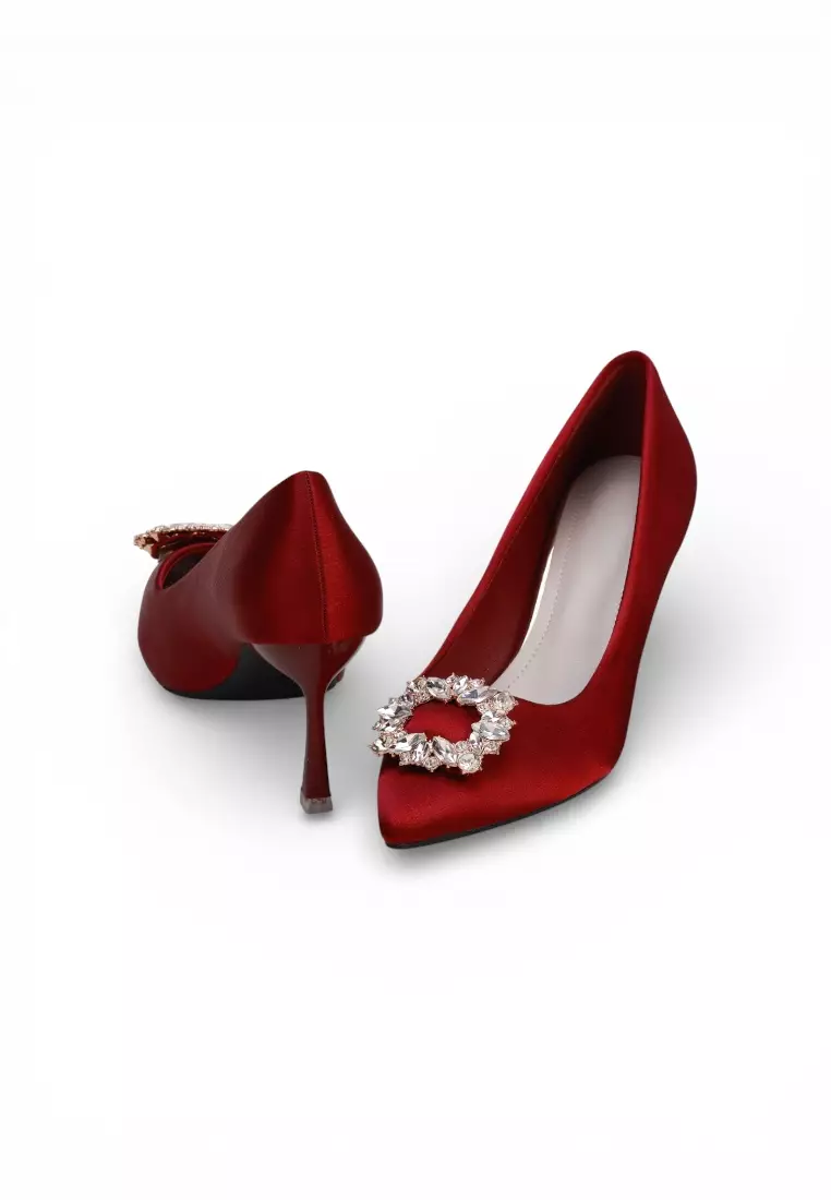 Luxe Crystal Buckle Pointed Toe  Heels 115 in Maroon