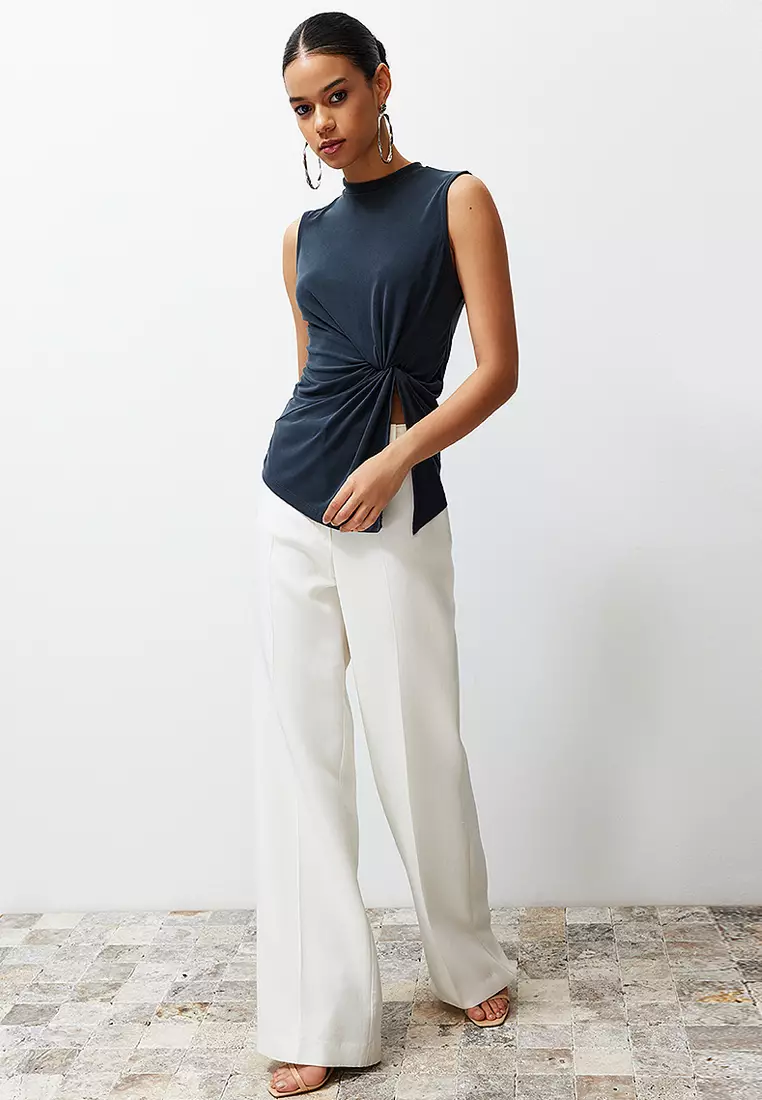 Anthracite High Collar Knitted Blouse With Ruffle And Slit Detail