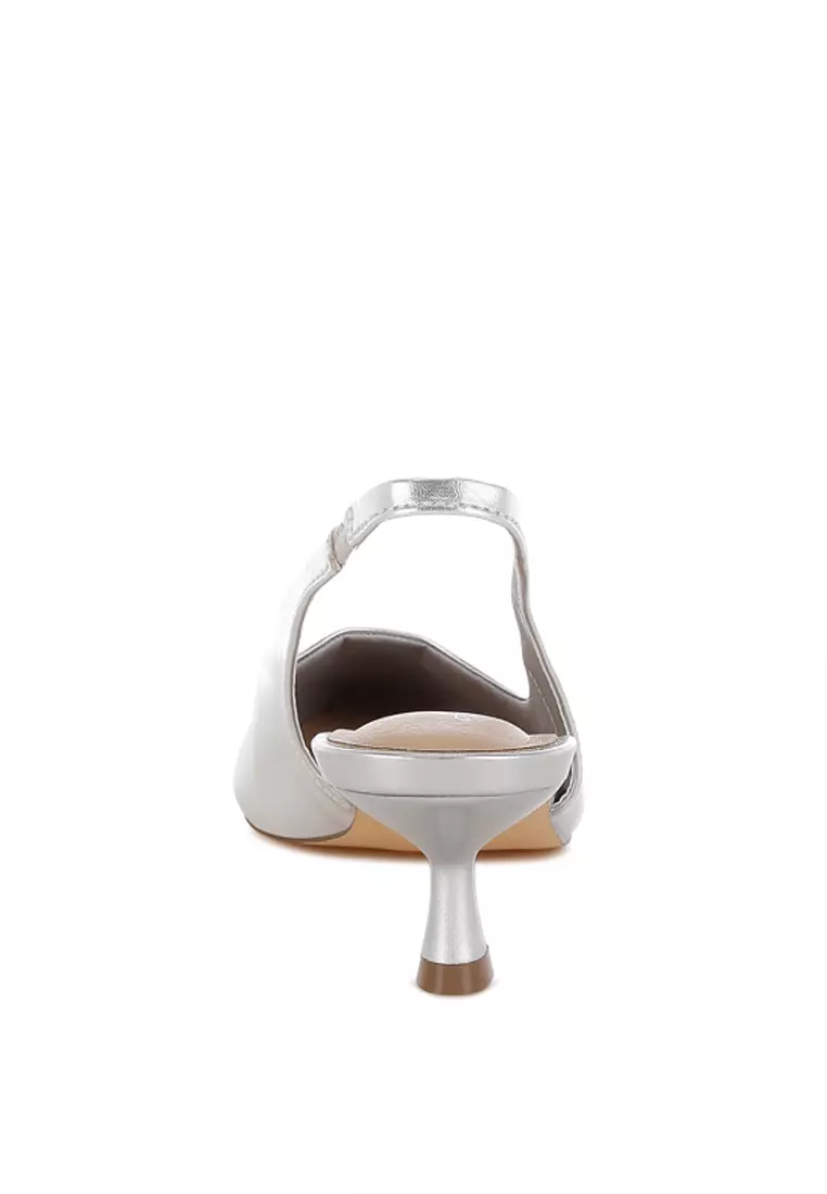 Kitten Heel Metallic Slingback Sandals in Silver