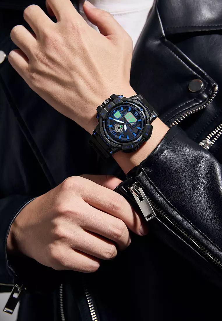 Jam Tangan Pria Digital&Analog Olahraga Bercahaya Multifungsi Alarm Jam Tangan Cowok D007 blackblue