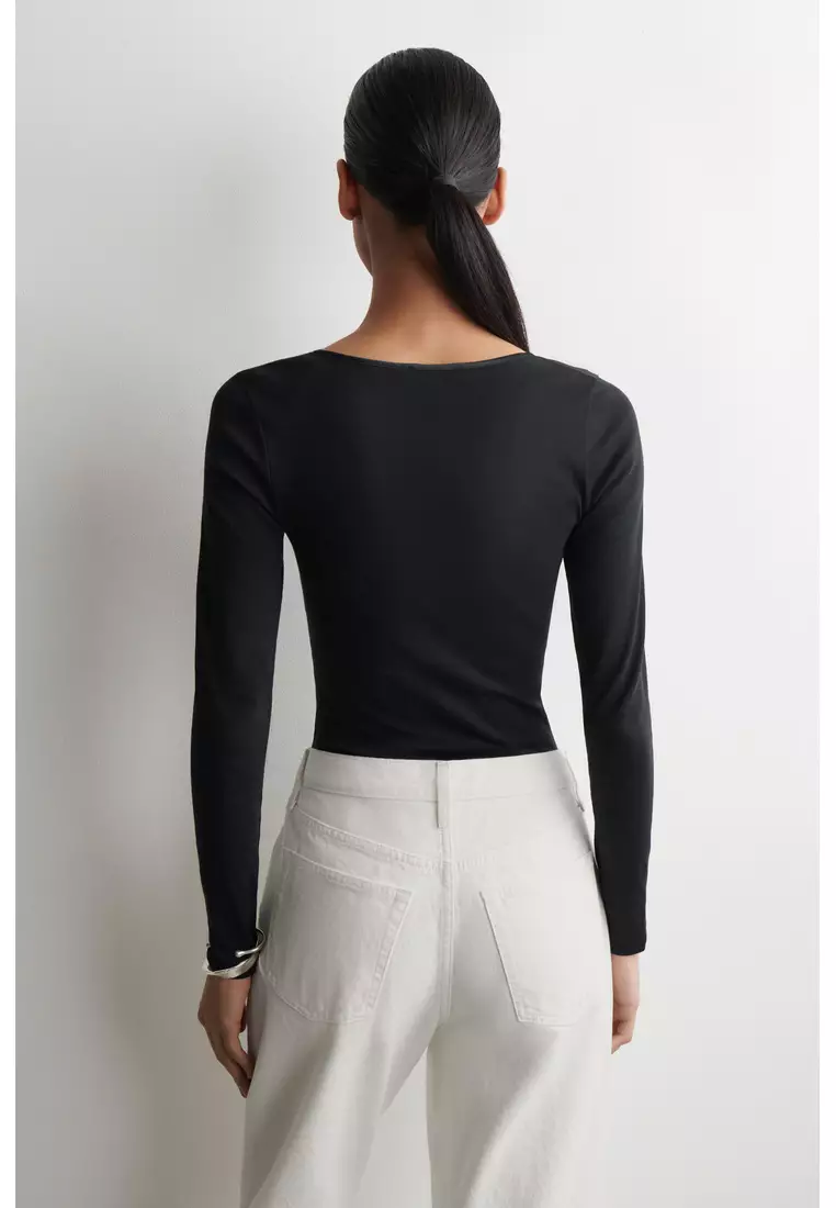 SATIN-TRIMMED COTTON-JERSEY LONG-SLEEVED TOP