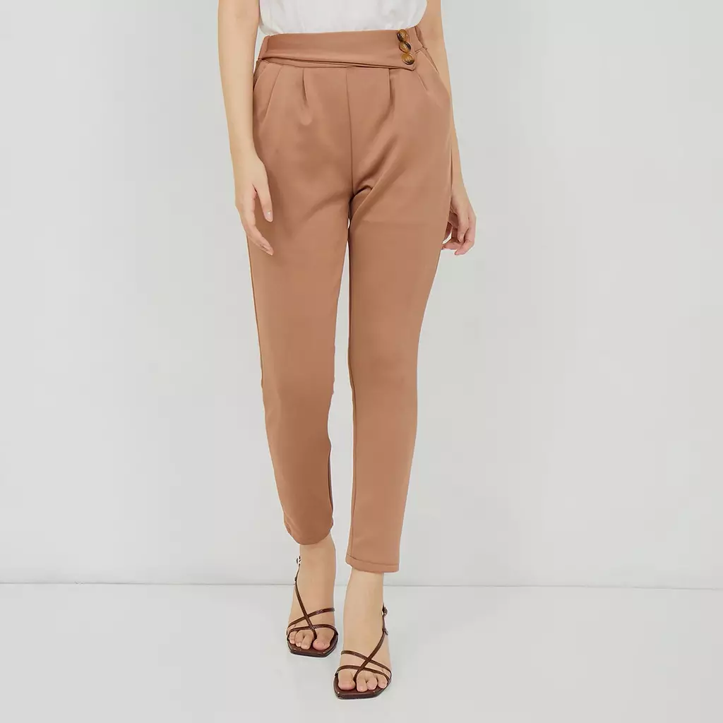 MAYONETTE Fiana Highwaist Pants - Celana Bahan Wanita Korean Style - Mocca