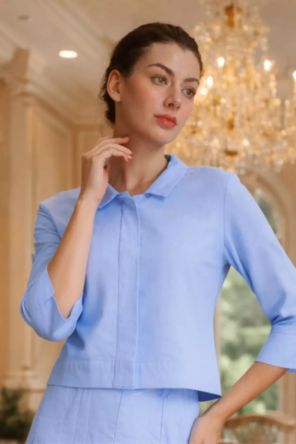 Essentials Cropped One Set Linen Top & Pleated Skirt Set Blue (One Set Shirt & Skirt)