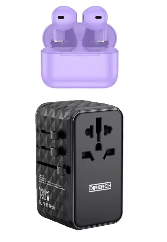 Value Deal - X EGLANTINE® - 4 Port 120W GaN Travel Adapter - Fast Charging + EGLANTINE 5s PRO MINI TWS Earphones - Purple