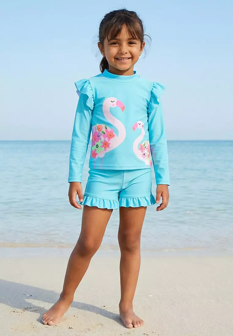 Babyshop Juniors Girls Flamingo Print Rash Guard And Swim Shorts Set